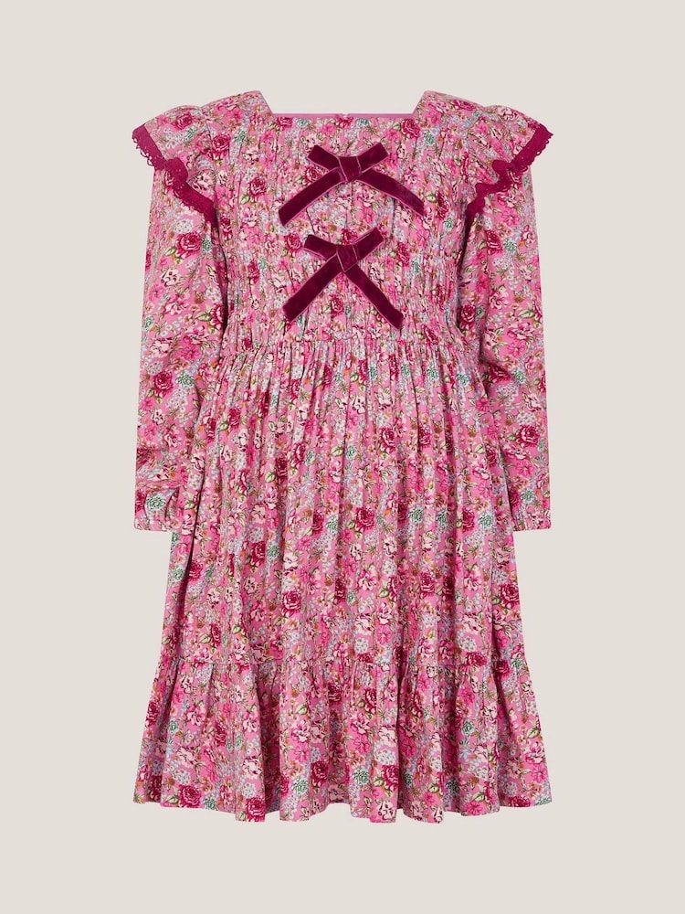 Monsoon Pink Floral Long Sleeve Bow Dress - Image 2 of 4 Monsoon Pink Floral Long Sleeve Bow Dress - Image 2 of 4