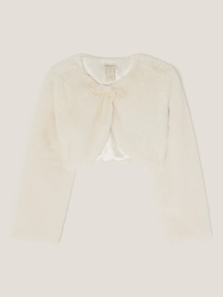 Monsoon Cream Marie Bow Faux Fur Shrug - Image 2 of 4