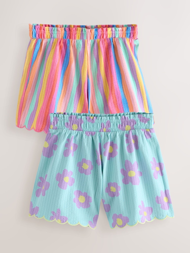Multi Stripe/Flower Textured Scallop Trim Shorts 2 Pack (3-16yrs) - Image 1 of 6
