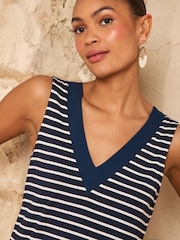 Marineblaue und weiße Streifen - Love & Roses Jerseyweste mit Chiffonbesatz und V-Ausschnitt - Bild 3 von 5