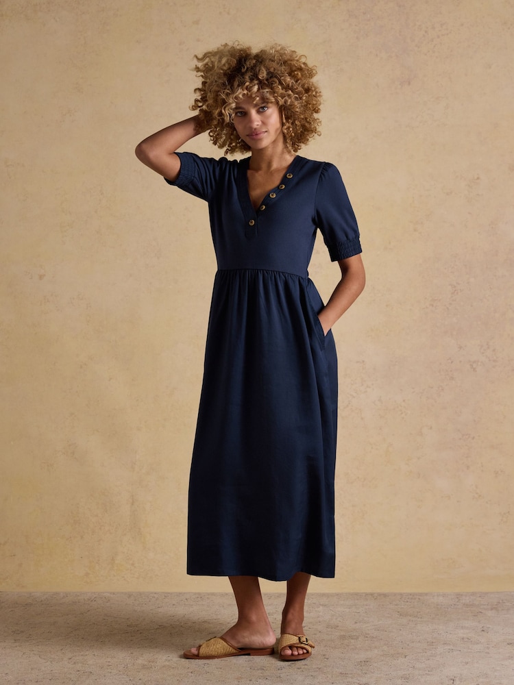 Joules Willow Navy Jersey Woven Midi Dress - Image 1 of 7