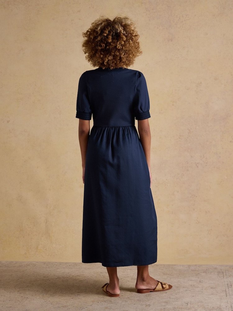Joules Willow Navy Jersey Woven Midi Dress - Image 2 of 7
