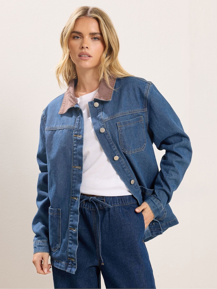 PixieGirl Petite Blue Denim Contrast Collar Shacket - Image 1 of 5 PixieGirl Petite Blue Denim Contrast Collar Shacket - Image 1 of 5