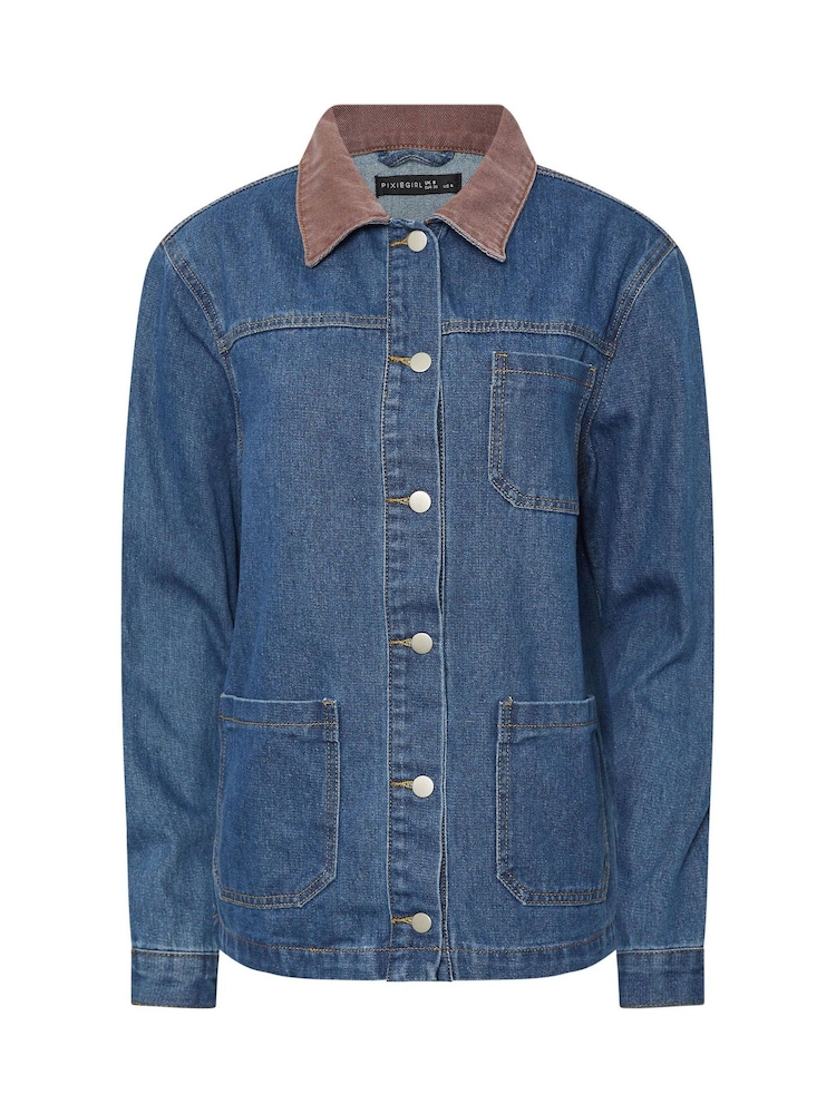 PixieGirl Petite Blue Denim Contrast Collar Shacket - Image 5 of 5 PixieGirl Petite Blue Denim Contrast Collar Shacket - Image 5 of 5
