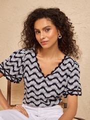 Love & Roses Navy Petal Stripe Scallop V-Neck T-Shirt - Image 1 of 4