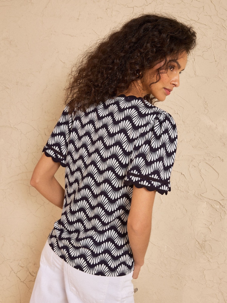 Love & Roses Navy Petal Stripe Scallop V-Neck T-Shirt - Image 4 of 4