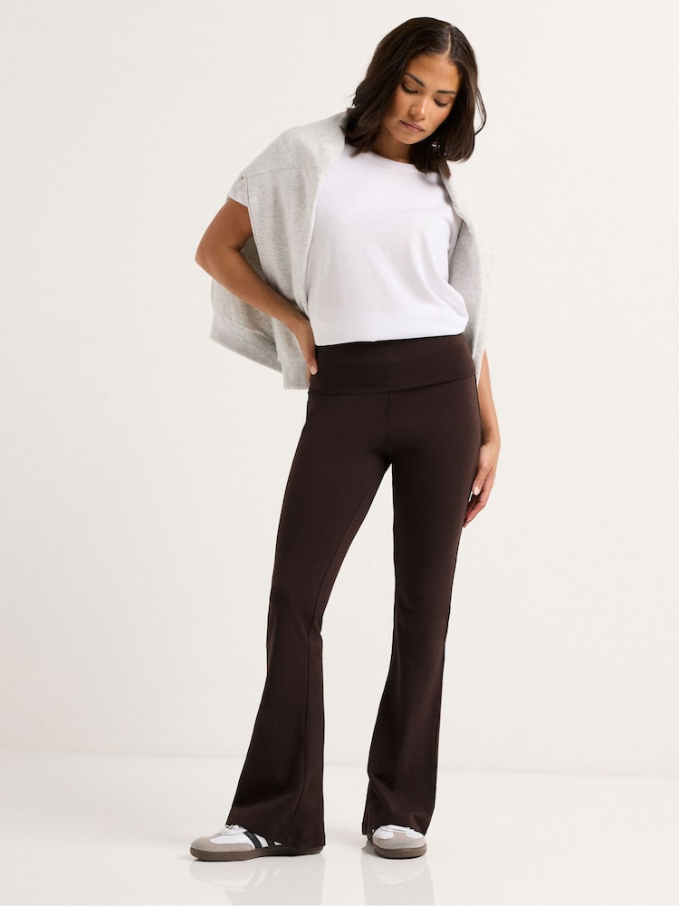 PixieGirl Petite Brown Fold Over Waist Flared Leggings - Image 1 of 6 PixieGirl Petite Brown Fold Over Waist Flared Leggings - Image 1 of 6