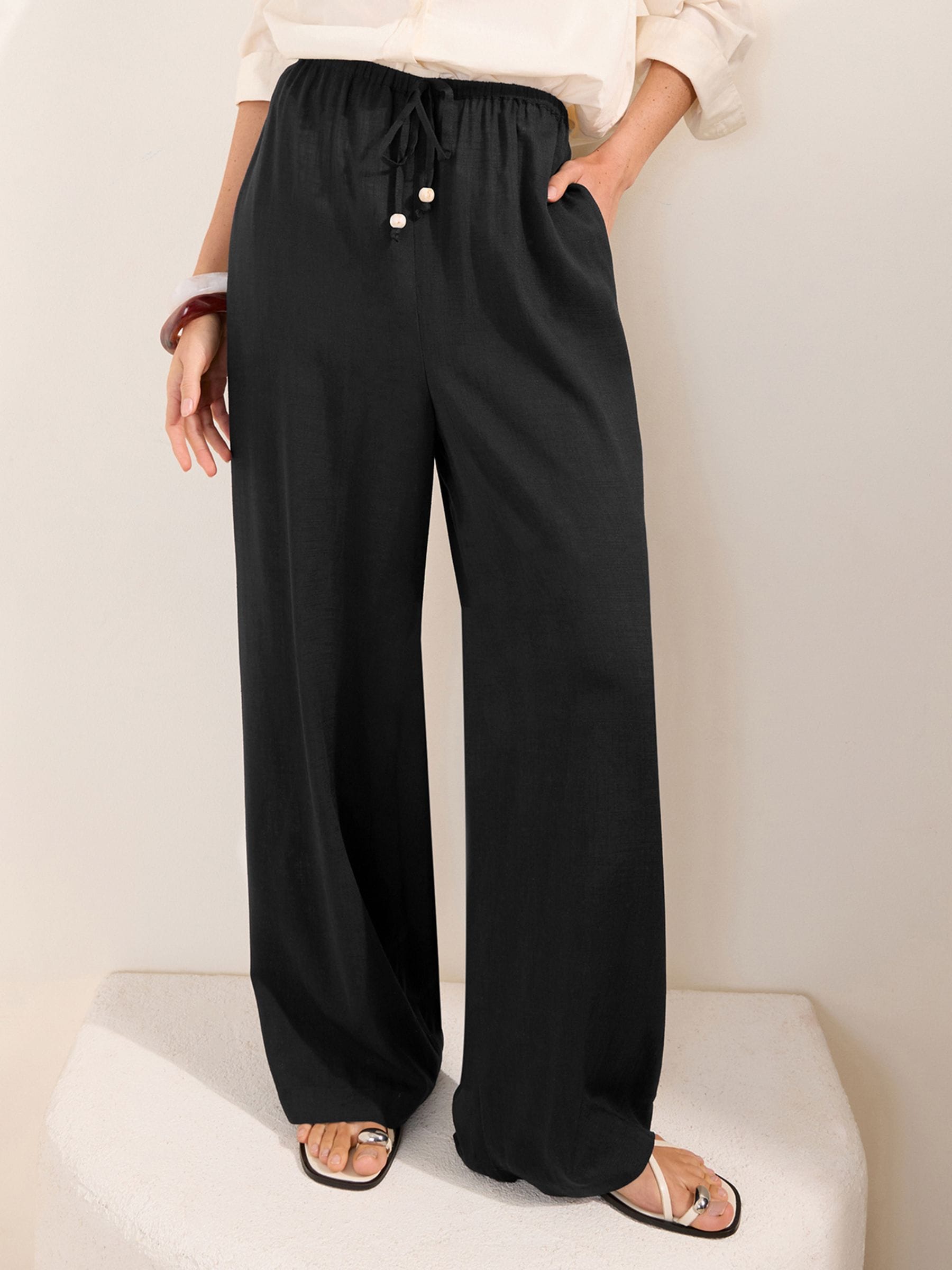 Buy Friends Like These Black Wide Leg Tie Waist Linen Trousers