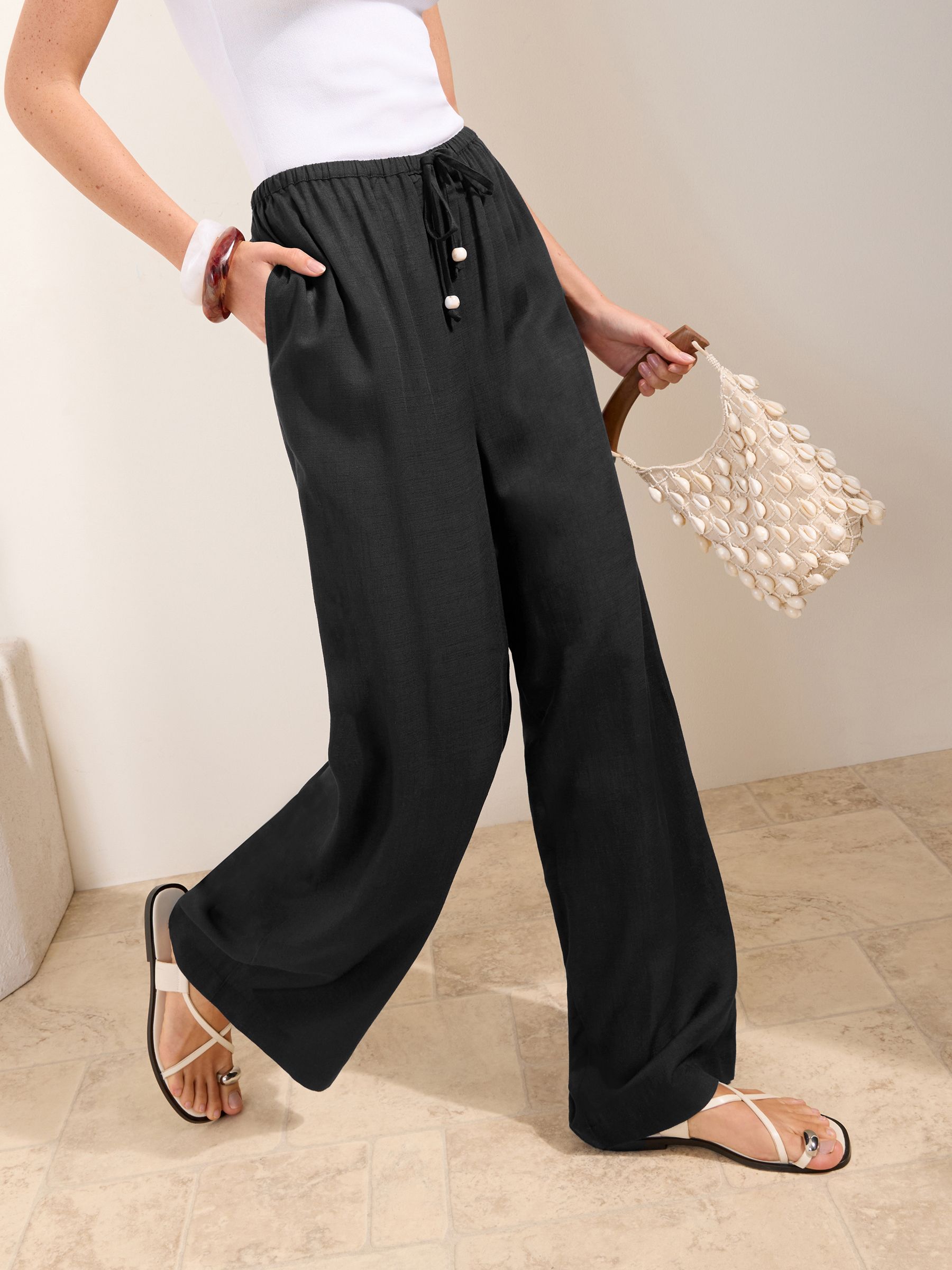 Buy Friends Like These Black Wide Leg Tie Waist Linen Trousers