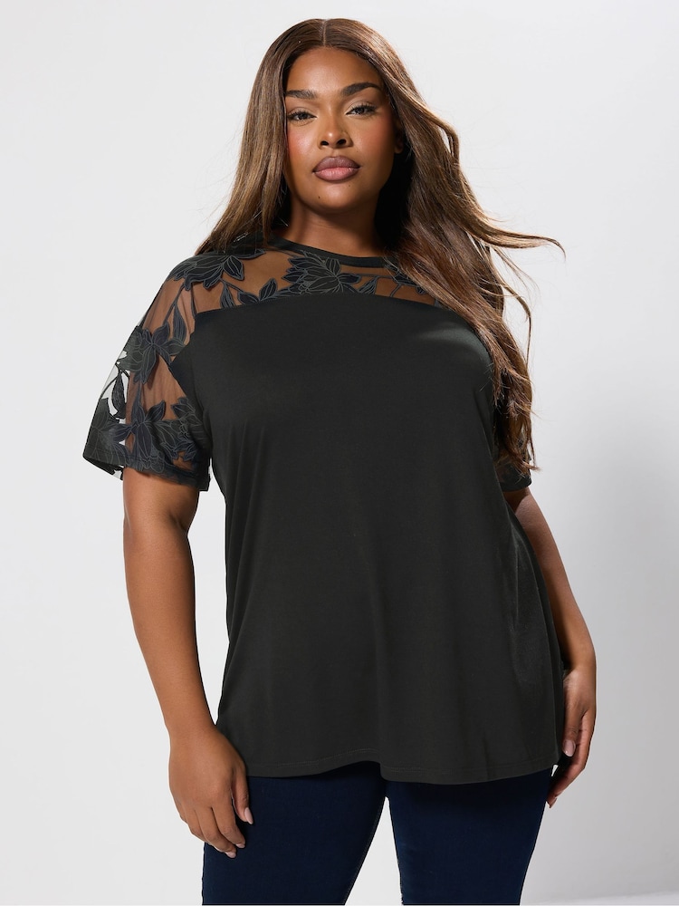 Yours Curve Black Floral Burnout Boxy Blouse - Image 1 of 4