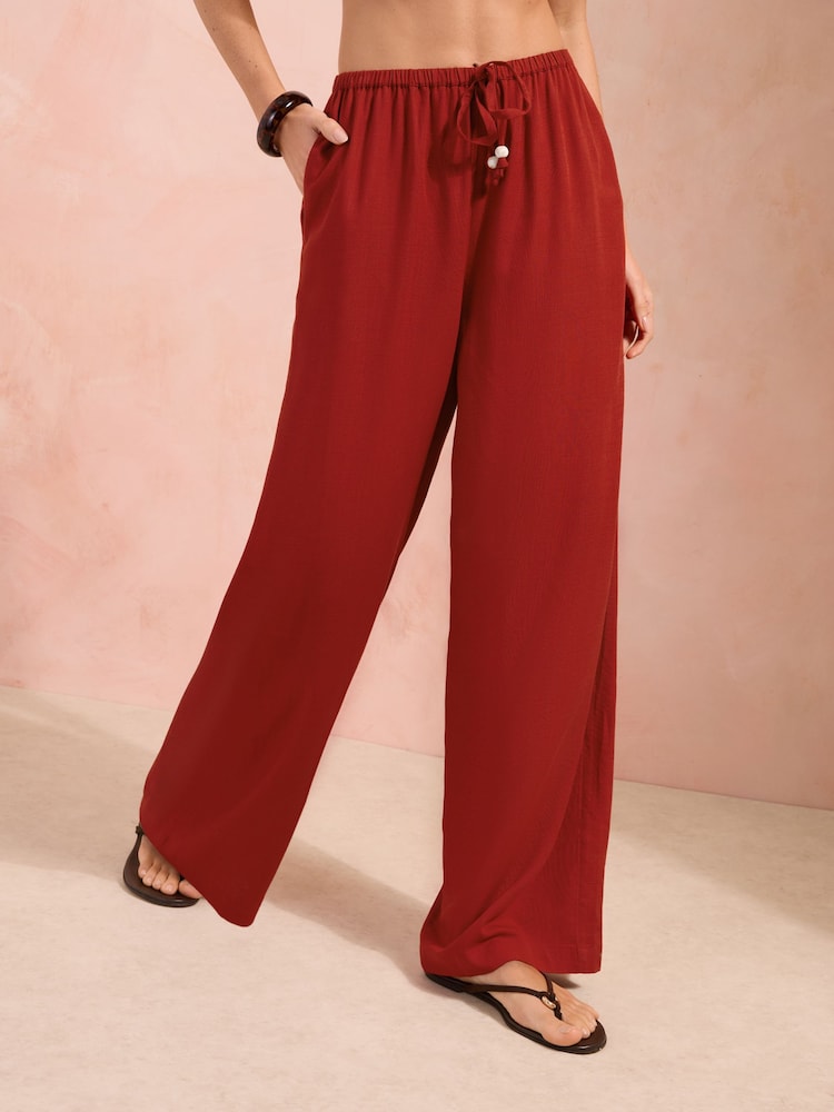 Friends Like These Red Wide Leg Tie Waist Linen Trousers - Image 1 of 5