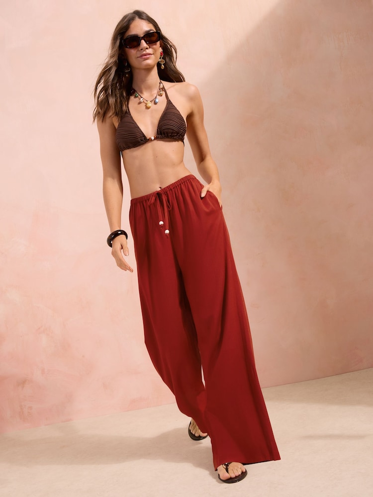 Friends Like These Red Wide Leg Tie Waist Linen Trousers - Image 2 of 5