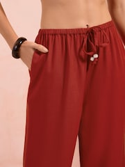 Friends Like These Red Wide Leg Tie Waist Linen Trousers - Image 3 of 5