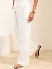 Friends Like These Ivory Petite Wide Leg Tie Waist Linen Trousers - Image 3 of 5