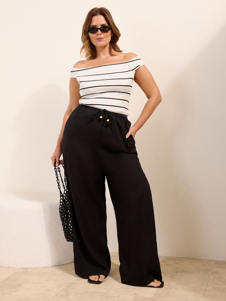 Friends Like These Black Curve Wide Leg Tie Waist Linen Trousers - Image 1 of 4