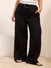 Friends Like These Black Curve Wide Leg Tie Waist Linen Trousers - Image 2 of 4