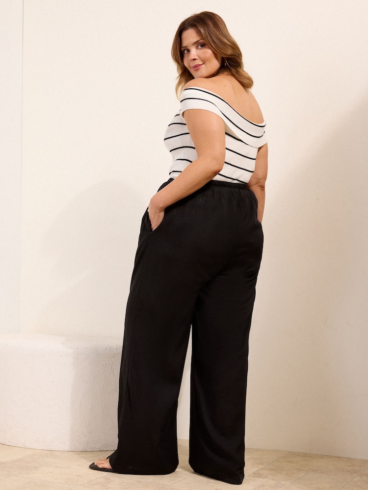 Friends Like These Black Curve Wide Leg Tie Waist Linen Trousers - Image 4 of 4