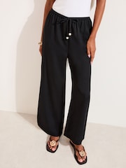 Friends Like These Black Petite Wide Leg Tie Waist Linen Trousers - Image 1 of 4
