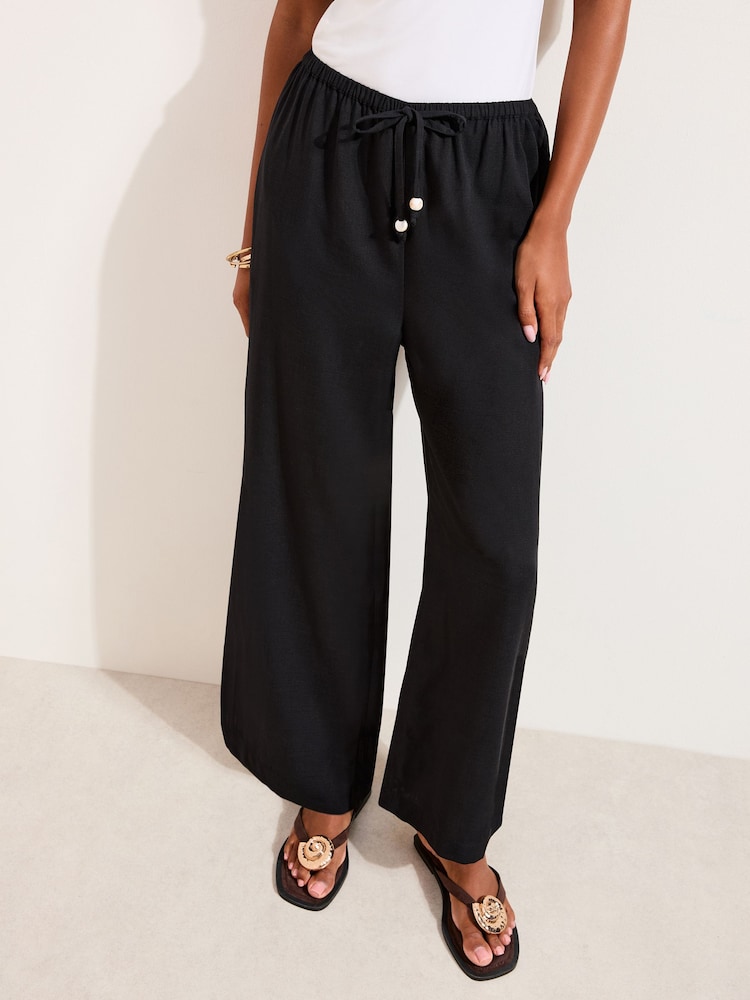 Friends Like These Black Petite Wide Leg Tie Waist Linen Trousers - Image 1 of 4
