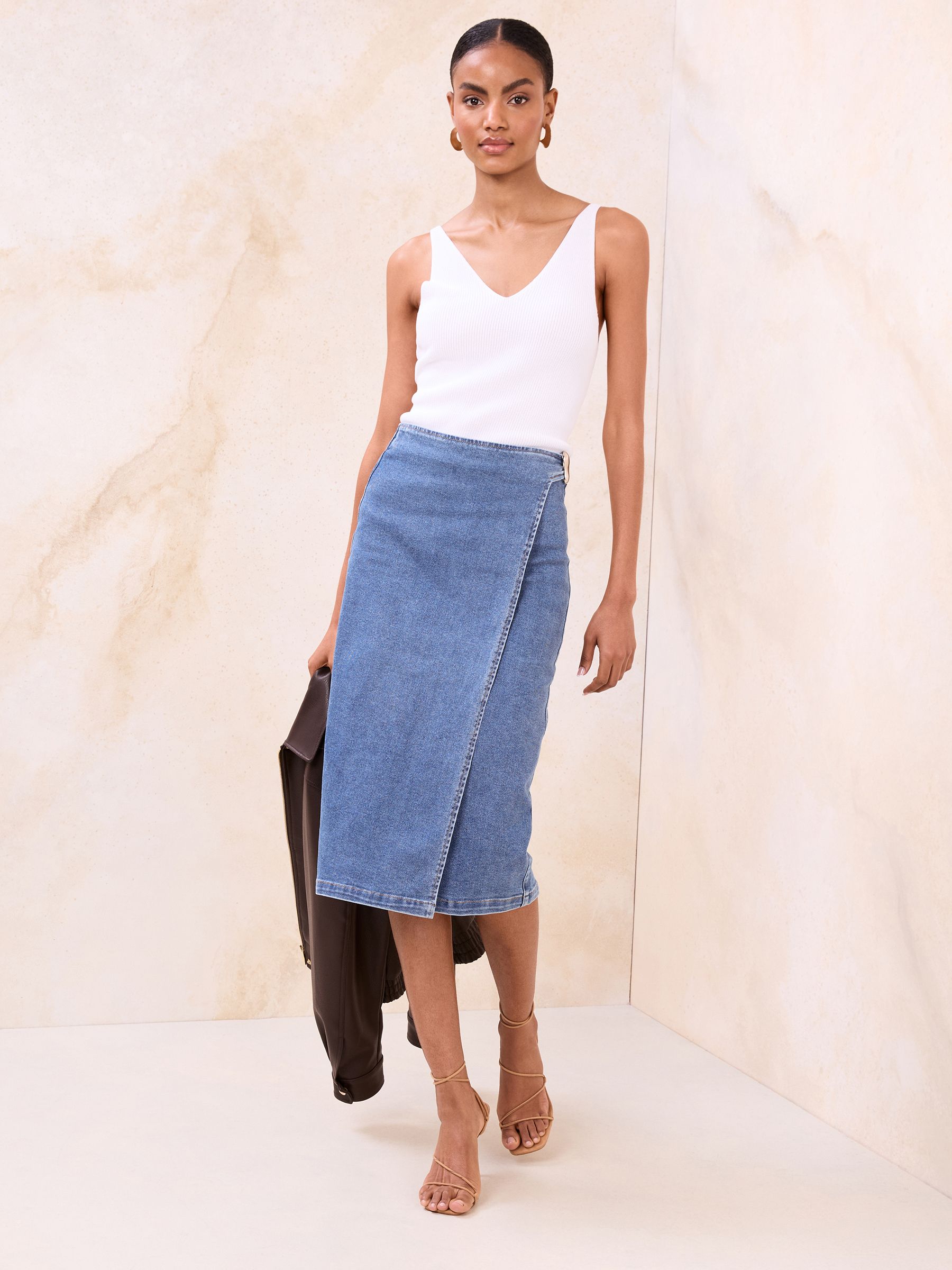 Buy Lipsy Mid Wash Blue Petite Denim Wrap Midi Skirt from Next USA