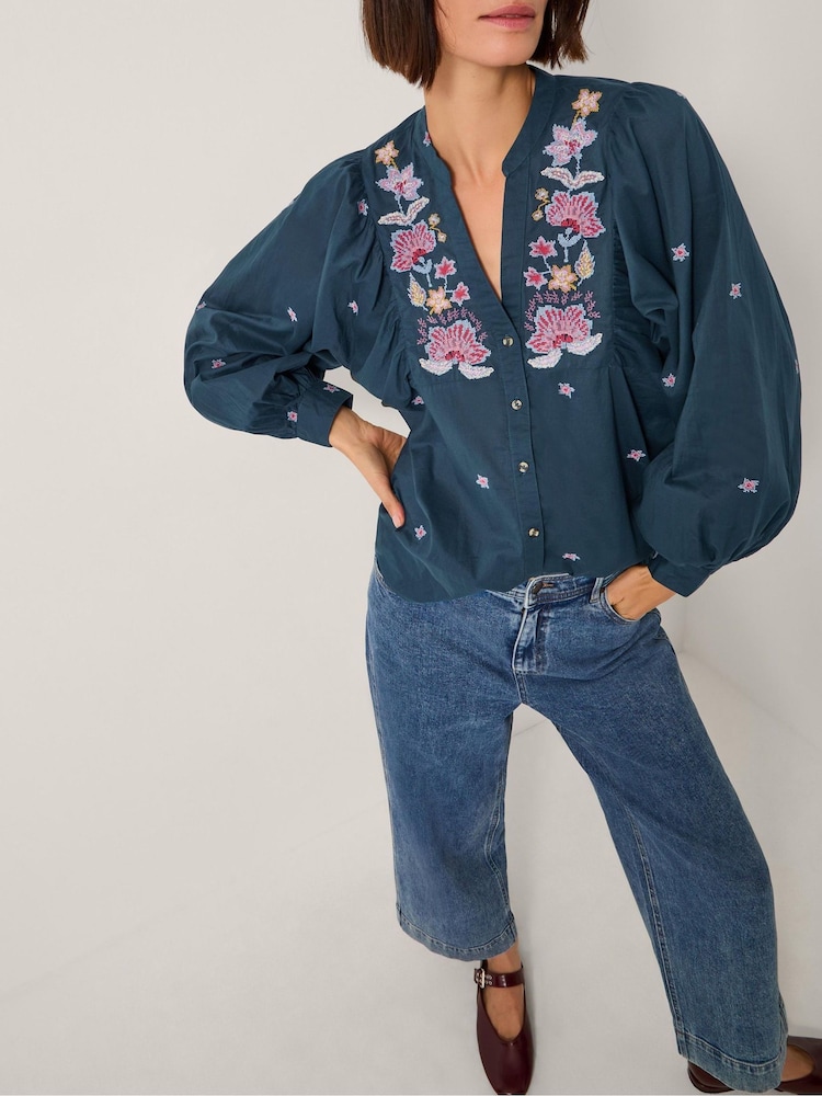 Monsoon Blue Bria Embroidered Blouson Blouse - Image 1 of 5