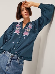 Monsoon Blue Bria Embroidered Blouson Blouse - Image 4 of 5