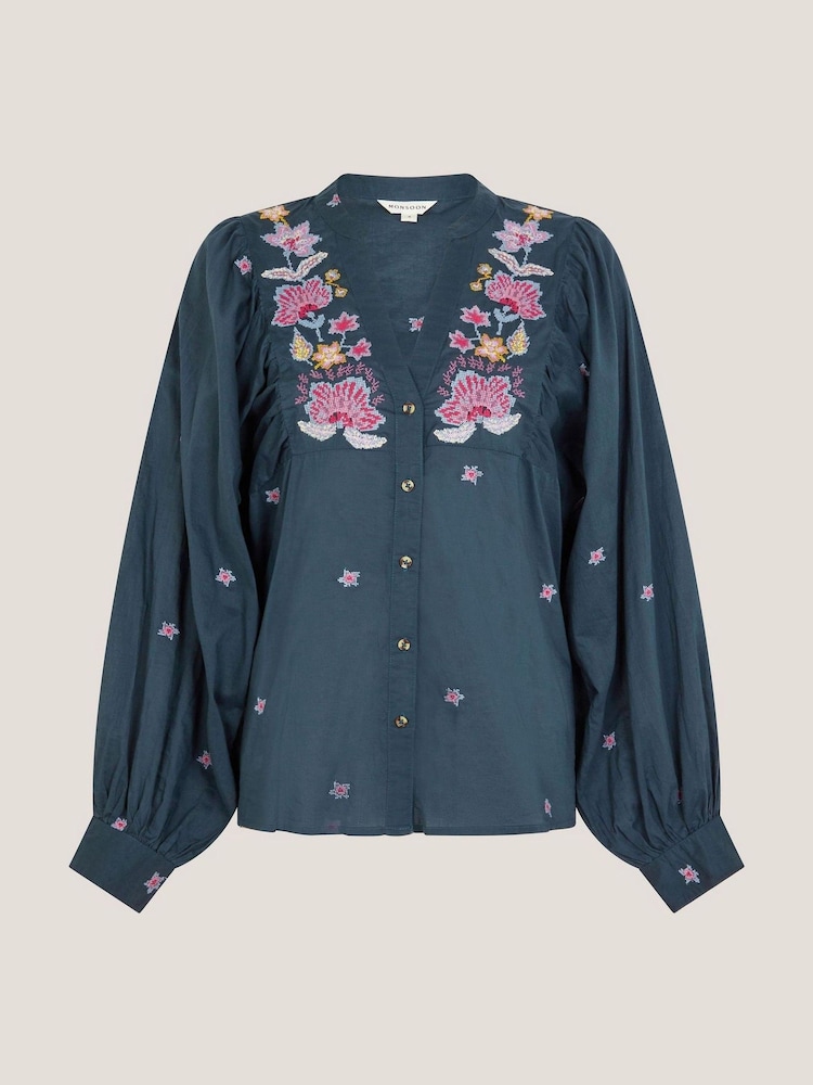 Monsoon Blue Bria Embroidered Blouson Blouse - Image 5 of 5 Monsoon Blue Bria Embroidered Blouson Blouse - Image 5 of 5