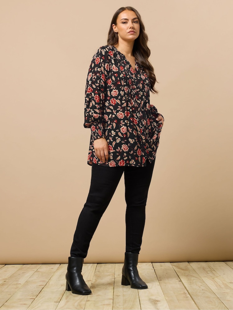 Evans Shirred Cuff Pintuck Black Shirt - Image 2 of 5 Evans Shirred Cuff Pintuck Black Shirt - Image 2 of 5