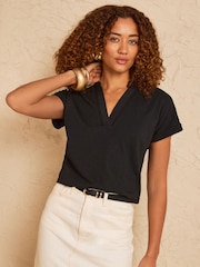 Love & Roses Black Lace Trim Petite Notch Neck Jersey T-Shirt - Image 1 of 4