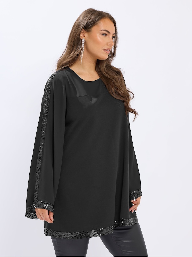 Yours Curve Black Sequin Panel Flare Tunic - Image 1 of 5