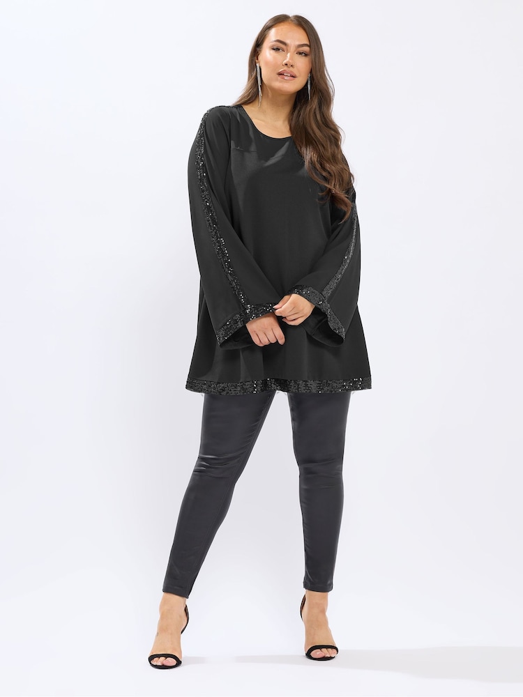 Yours Curve Black Sequin Panel Flare Tunic - Image 2 of 5