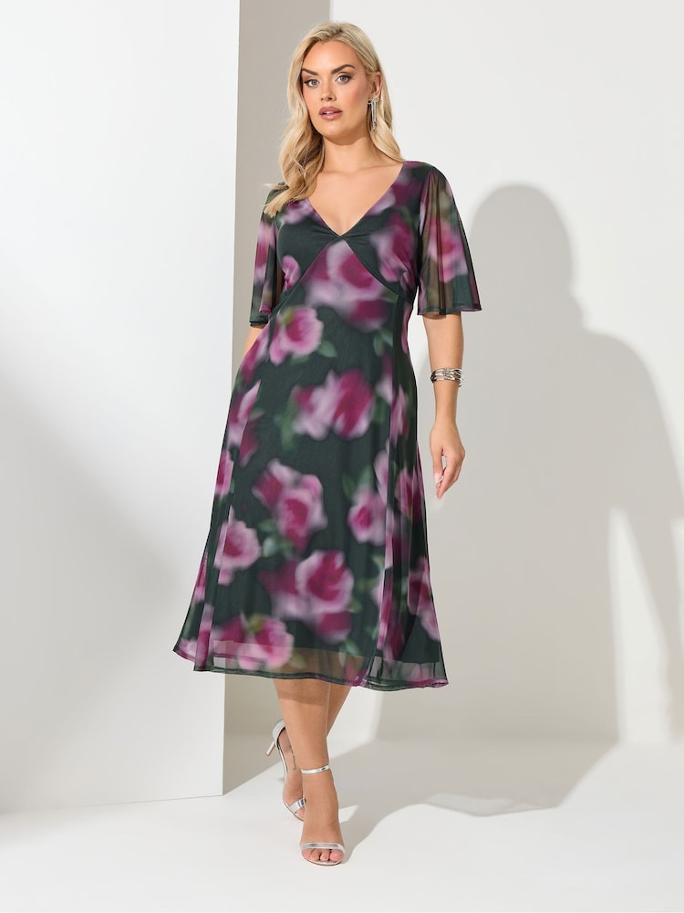 Yours Curve Green London Floral Mesh Tea Dress - Image 1 of 5 Yours Curve Green London Floral Mesh Tea Dress - Image 1 of 5