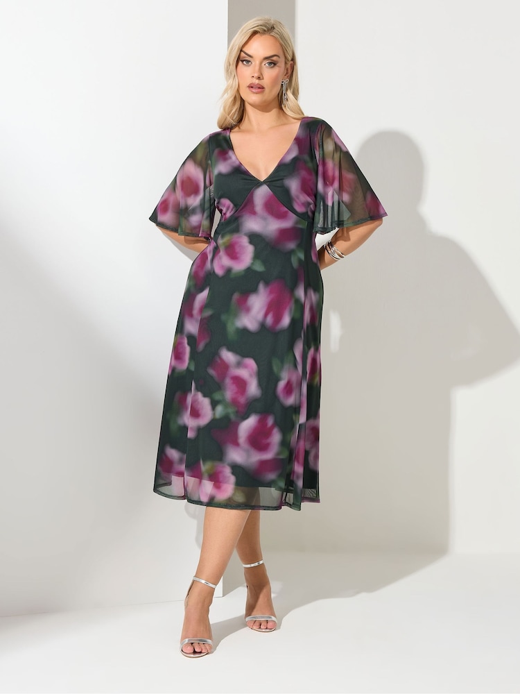 Yours Curve Green London Floral Mesh Tea Dress - Image 2 of 5 Yours Curve Green London Floral Mesh Tea Dress - Image 2 of 5