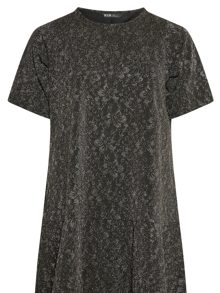 Yours Curve Gold Short Sleeve Circle Cut Jacquard Dress - Image 5 of 5