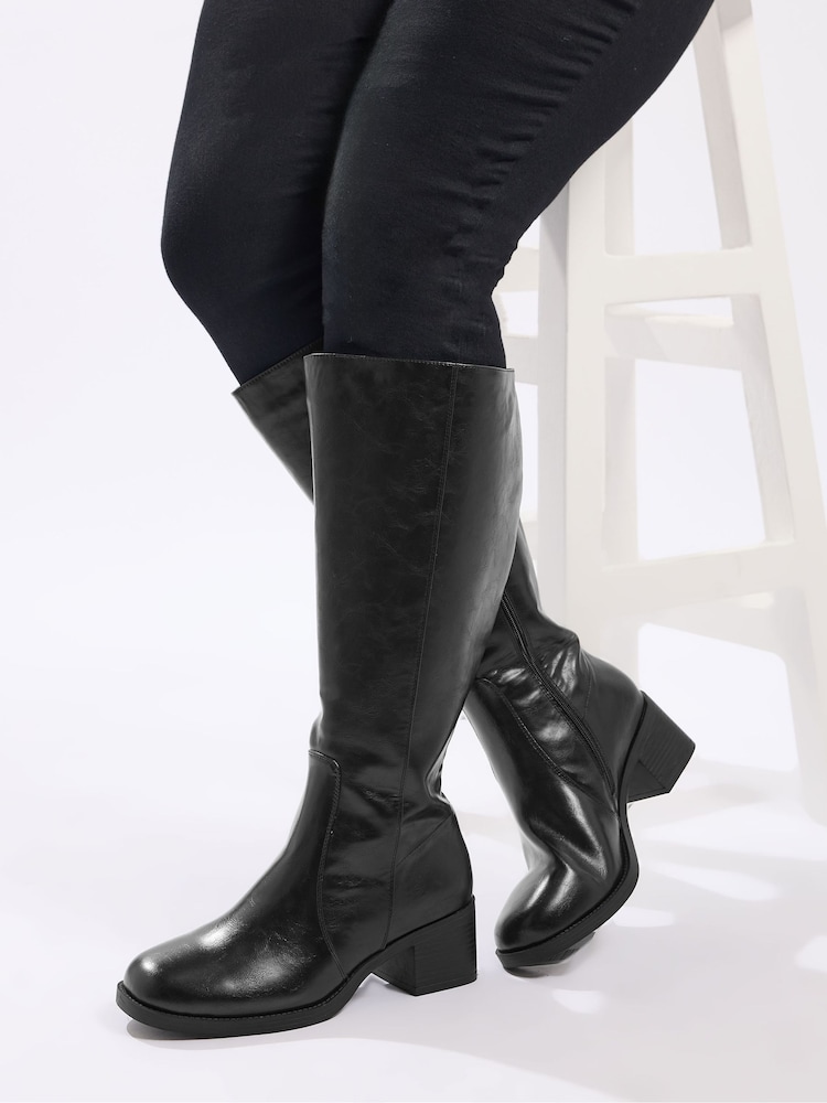 Yours Curve Black Extra-Wide Fit Square Toe Knee Block Boots - Image 1 of 5