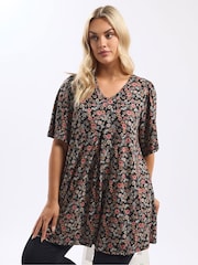 Yours Curve Black Floral Pleated Front Top - Image 1 of 5