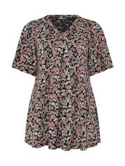 Yours Curve Black Floral Pleated Front Top - Image 5 of 5