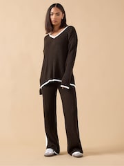 PixieGirl Petite Brown Side Stripe Knitted Wide Leg Trousers - Image 1 of 2