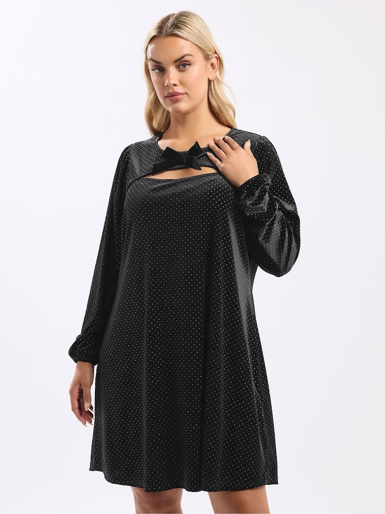 Yours Curve Black Bow Glitter Spot Dress - Image 1 of 5