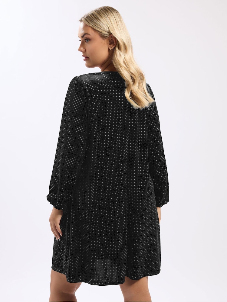 Yours Curve Black Bow Glitter Spot Dress - Image 2 of 5