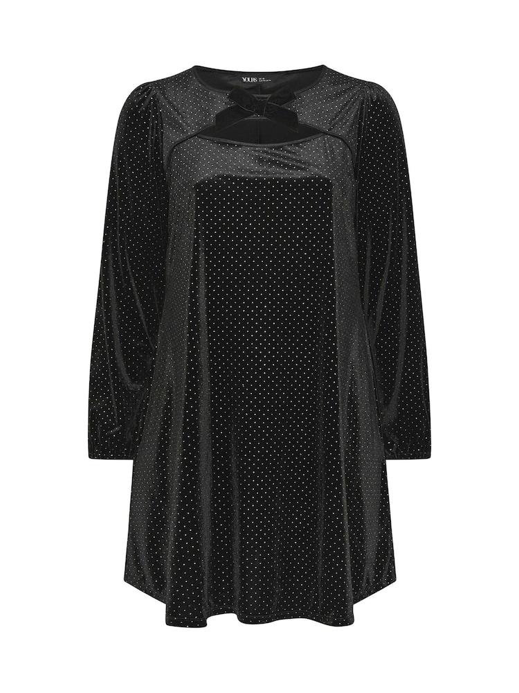 Yours Curve Black Bow Glitter Spot Dress - Image 5 of 5