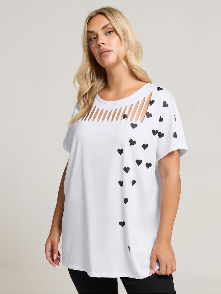 Yours Curve White Printed Heart Slash Top - Image 1 of 5 Yours Curve White Printed Heart Slash Top - Image 1 of 5