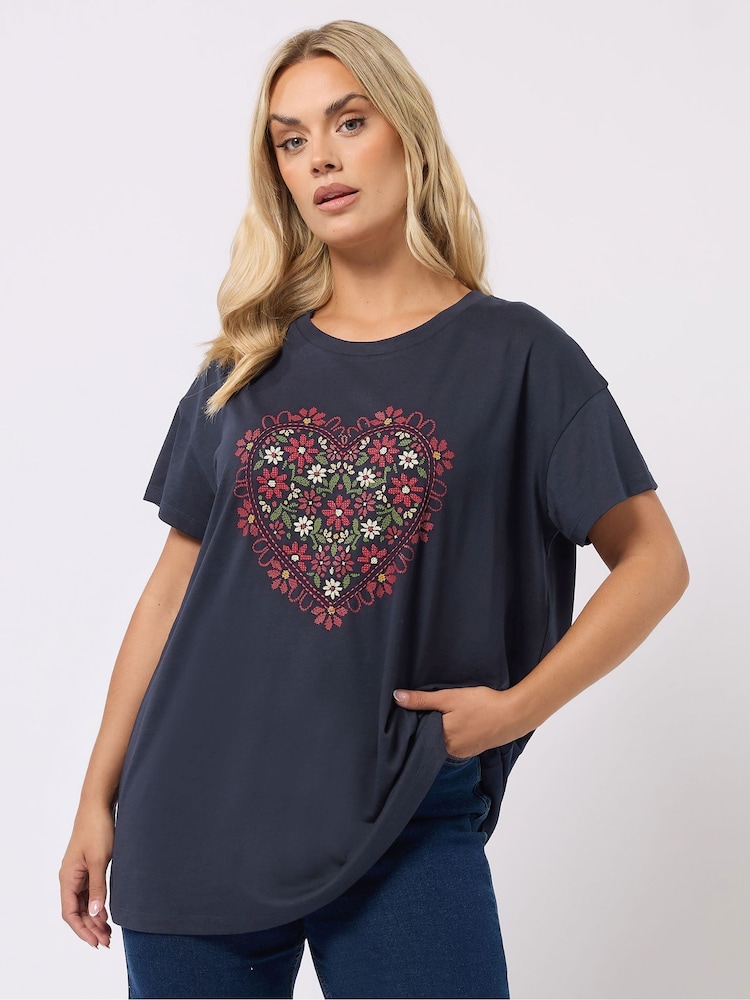 Yours Curve Blue Stitch Placement T-Shirt - Image 1 of 5