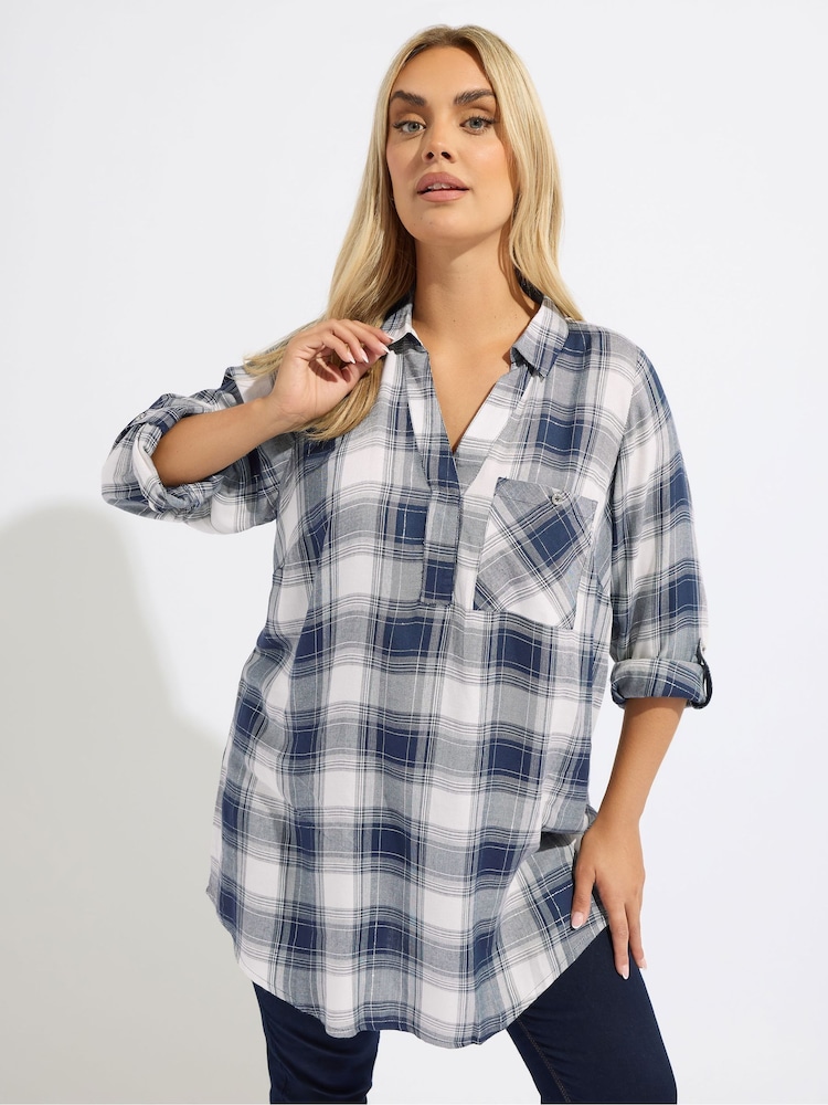Yours Curve Blue Viscose Overhead Check Shirt - Image 1 of 5