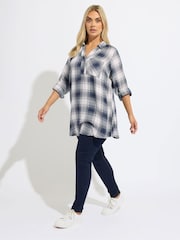 Yours Curve Blue Viscose Overhead Check Shirt - Image 2 of 5