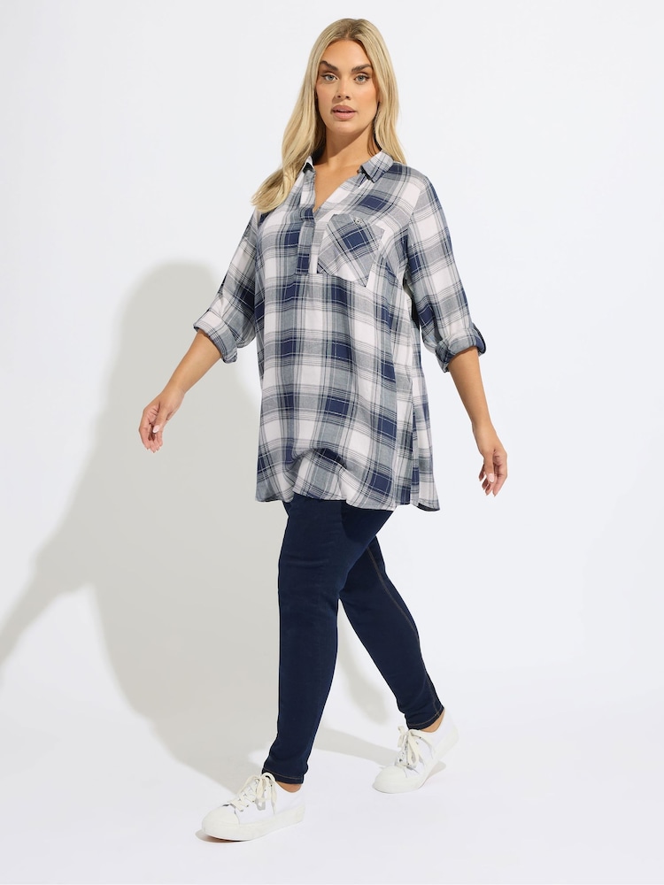 Yours Curve Blue Viscose Overhead Check Shirt - Image 2 of 5