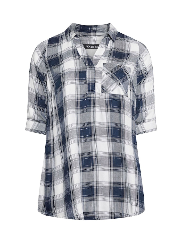 Yours Curve Blue Viscose Overhead Check Shirt - Image 5 of 5