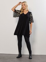 Yours Curve Black Mesh Foil Sleeve Tunic - Image 2 of 5