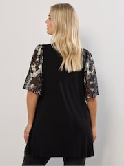 Yours Curve Black Mesh Foil Sleeve Tunic - Image 3 of 5