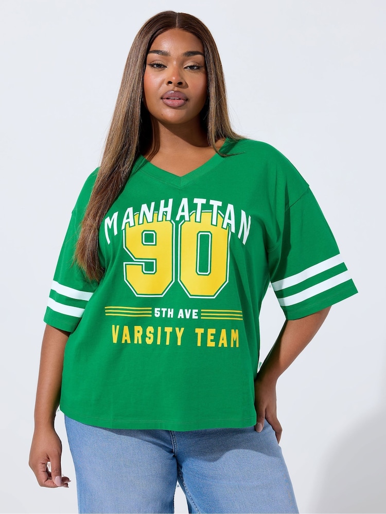 Yours Curve Green Limited Green V 90 Sport T-Shirt - Image 1 of 5 Yours Curve Green Limited Green V 90 Sport T-Shirt - Image 1 of 5